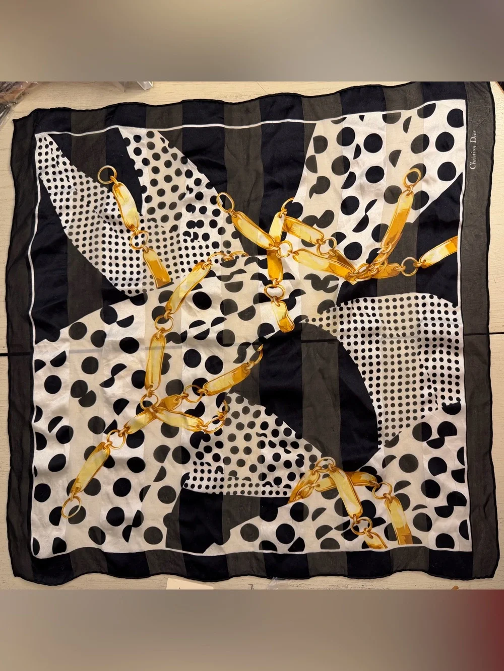 Dior Black & White Polka Dot Silk Scarf with Gold Accent